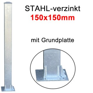 Stahlsäule 150x150mm mit Grundplatte und Abdeckkappe zum Aufschrauben bis 1,25m Verzinkt
