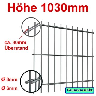 Stabgitterzaun - Zaunelement Höhe 1030mm, Breite 2500mm - verzinkt