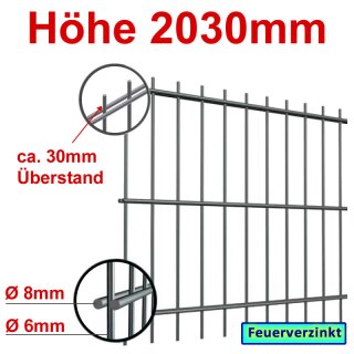 Stabgitterzaun - Zaunelement Höhe 2030mm, Breite 2500mm - verzinkt