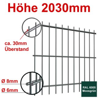 Stabgitterzaun - Zaunelement Höhe 2030mm, Breite 2500mm - Moosgrün 6005