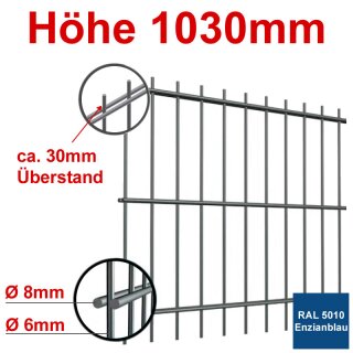 Stabgitterzaun - Zaunelement Höhe 1030mm, Breite 2500mm - Enzianblau 5010