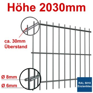 Stabgitterzaun - Zaunelement Höhe 2030mm, Breite 2500mm - Enzianblau 5010