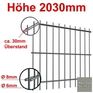 Stabgitterzaun - Zaunelement Höhe 2030mm, Breite 2500mm - Steingrau 7030