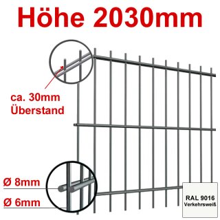 Stabgitterzaun - Zaunelement Höhe 2030mm, Breite 2500mm - Verkehrsweiß 9016