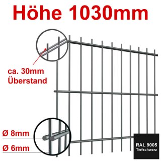 Stabgitterzaun - Zaunelement Höhe 1030mm, Breite 2500mm - Tiefschwarz 9005