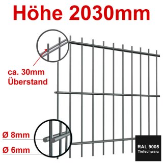 Stabgitterzaun - Zaunelement Höhe 2030mm, Breite 2500mm - Tiefschwarz 9005