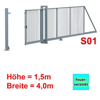 Freitragendes Stahl-Schiebetor S095, Feuerverzinkt  ohne Antrieb 1,5m Höhe, 4 0m Breite zwischen den Pfosten, Torfüllung 25x25mm