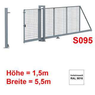 Freitragendes Stahl-Schiebetor S095, Verkehrsweiss  ohne Antrieb 1,5m Höhe, 5 5m Breite zwischen den Pfosten,  Stabgitter