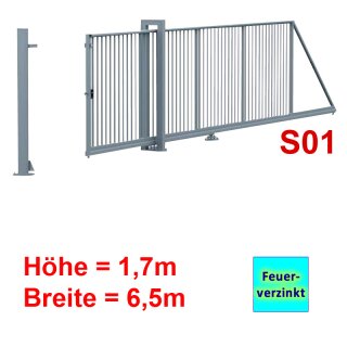 Freitragendes Stahl-Schiebetor S095, Feuerverzinkt  ohne Antrieb 1, 7m Höhe, 6 5m Breite zwischen den Pfosten, Torfüllung 25x25mm
