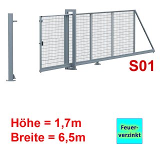 Freitragendes Stahl-Schiebetor S095, Feuerverzinkt  ohne Antrieb 1, 7m Höhe, 6 5m Breite zwischen den Pfosten, Stabgitter