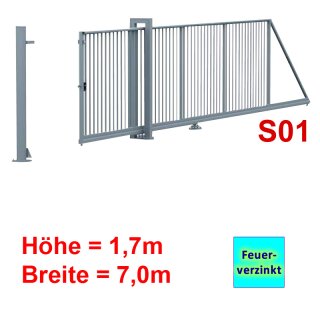 Freitragendes Stahl-Schiebetor S095, Feuerverzinkt  ohne Antrieb 1, 7m Höhe, 7 0m Breite zwischen den Pfosten, Torfüllung 25x25mm