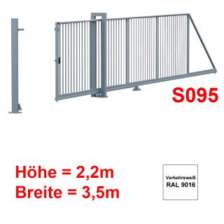 Freitragendes Stahl-Schiebetor S095, Verkehrsweiss  ohne Antrieb 2 2m Höhe, 3,5m Breite zwischen den Pfosten,  Torfüllung 25x25mm