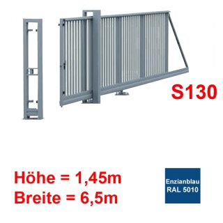 Freitragendes Stahl-Schiebetor S130, ohne Antrieb 1,45m 6,5m Enzianblau RAL 5010 Torfüllung 25x25mm