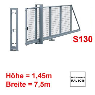 Freitragendes Stahl-Schiebetor S130, ohne Antrieb 1,45m 7,5m Verkehrsweiss RAL 9016 Stabgitter