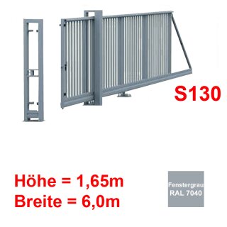 Freitragendes Stahl-Schiebetor S130, ohne Antrieb 1,65m 6,0m Fenstergrau RAL 7040 Torfüllung 25x25mm