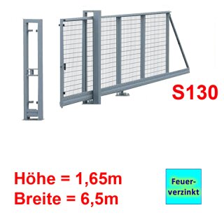 Freitragendes Stahl-Schiebetor S130, ohne Antrieb 1,65m 6,5m Feuerverzinkt Stabgitter