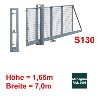 Freitragendes Stahl-Schiebetor S130, ohne Antrieb 1,65m 7,0m Moosgrün RAL 6005 Stabgitter