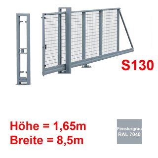 Freitragendes Stahl-Schiebetor S130, ohne Antrieb 1,65m 8,5m Fenstergrau RAL 7040 Stabgitter