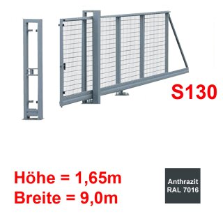 Freitragendes Stahl-Schiebetor S130, ohne Antrieb 1,65m 9,0m Anthrazit RAL 7016 Stabgitter