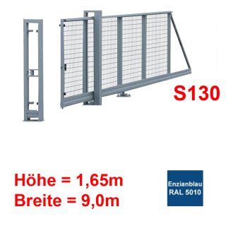 Freitragendes Stahl-Schiebetor S130, ohne Antrieb 1,65m 9,0m Enzianblau RAL 5010 Stabgitter