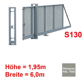 Freitragendes Stahl-Schiebetor S130, ohne Antrieb 1,95m 6,0m Steingrau RAL 7030 Torfüllung 25x25mm