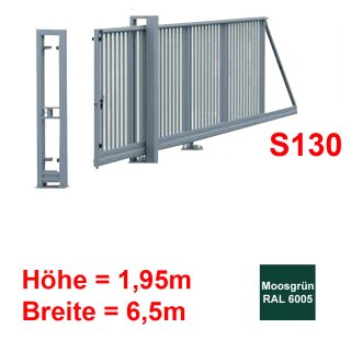 Freitragendes Stahl-Schiebetor S130, ohne Antrieb 1,95m 6,5m Moosgrün RAL 6005 Torfüllung 25x25mm
