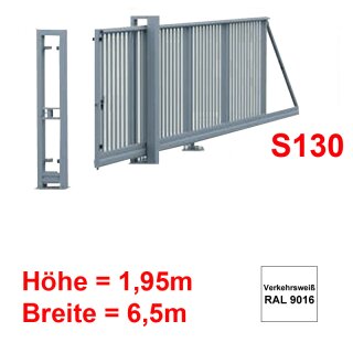 Freitragendes Stahl-Schiebetor S130, ohne Antrieb 1,95m 6,5m Verkehrsweiss RAL 9016 Torfüllung 25x25mm