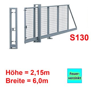 Freitragendes Stahl-Schiebetor S130, ohne Antrieb 2,15m 6,0m Feuerverzinkt Stabgitter