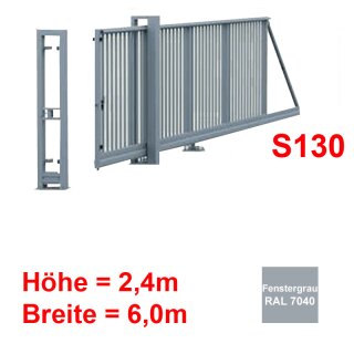 Freitragendes Stahl-Schiebetor S130, ohne Antrieb 2,4m 6,0m Fenstergrau RAL 7040 Torfüllung 25x25mm