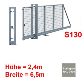 Freitragendes Stahl-Schiebetor S130, ohne Antrieb 2,4m 6,5m Steingrau RAL 7030 Stabgitter