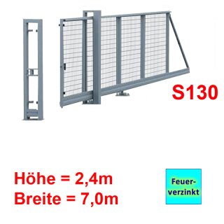 Freitragendes Stahl-Schiebetor S130, ohne Antrieb 2,4m 7,0m Feuerverzinkt Stabgitter