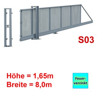 Freitragendes Stahl-Schiebetor S200, ohne Antrieb 1,65m 8,0m Feuerverzinkt Torfüllung 25x25mm