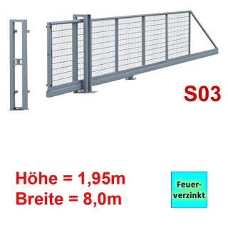 Freitragendes Stahl-Schiebetor S200, ohne Antrieb 1,95m 8,0m Feuerverzinkt Stabgitter