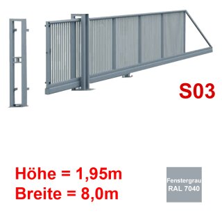 Freitragendes Stahl-Schiebetor S200, ohne Antrieb 1,95m 8,0m Fenstergrau RAL 7040 Torfüllung 25x25mm