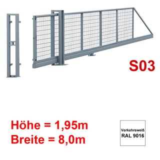 Freitragendes Stahl-Schiebetor S200, ohne Antrieb 1,95m 8,0m Verkehrsweiss RAL 9016 Stabgitter