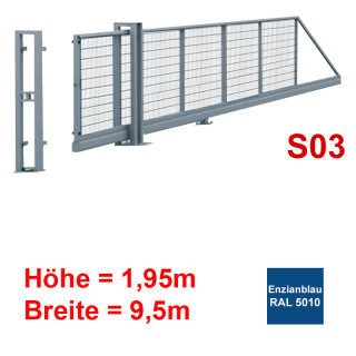 Freitragendes Stahl-Schiebetor S200, ohne Antrieb 1,95m 9,5m Enzianblau RAL 5010 Stabgitter