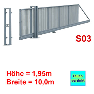 Freitragendes Stahl-Schiebetor S200, ohne Antrieb 1,95m 10,0m Feuerverzinkt Torfüllung 25x25mm