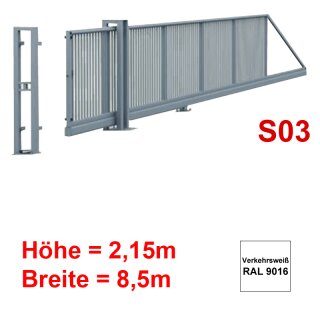 Freitragendes Stahl-Schiebetor S200, ohne Antrieb 2,15m 8,5m Verkehrsweiss RAL 9016 Torfüllung 25x25mm