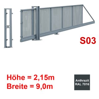 Freitragendes Stahl-Schiebetor S200, ohne Antrieb 2,15m 9,0m Anthrazit RAL 7016 Torfüllung 25x25mm