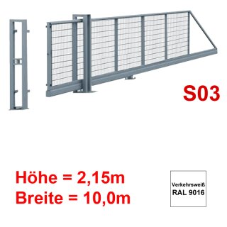 Freitragendes Stahl-Schiebetor S200, ohne Antrieb 2,15m 10,0m Verkehrsweiss RAL 9016 Stabgitter