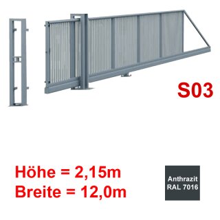 Freitragendes Stahl-Schiebetor S200, ohne Antrieb 2,15m 12,0m Anthrazit RAL 7016 Torfüllung 25x25mm