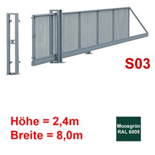 Freitragendes Stahl-Schiebetor S200, ohne Antrieb 2,4m 8,0m Moosgrün RAL 6005 Torfüllung 25x25mm