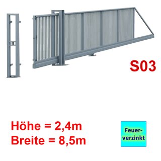 Freitragendes Stahl-Schiebetor S200, ohne Antrieb 2,4m 8,5m Feuerverzinkt Torfüllung 25x25mm