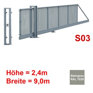 Freitragendes Stahl-Schiebetor S200, ohne Antrieb 2,4m 9,0m Steingrau RAL 7030 Torfüllung 25x25mm