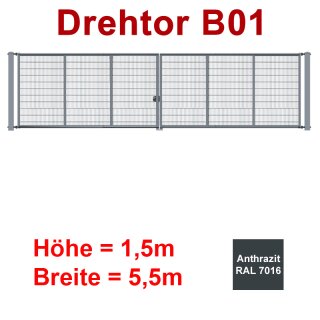 Zweiflügeliges Industrie Stahl-Drehtor B01, Anthrazit RAL 7016 , ohne Antrieb, bis 1500mm Flügelhöhe, bis 5500mm Breite zwischen den Pfosten, Torfüllung Stabgitter