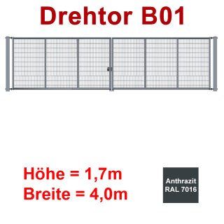 Zweiflügeliges Industrie Stahl-Drehtor B01, Anthrazit RAL 7016 , ohne Antrieb, bis 1700mm Flügelhöhe, bis 4000mm Breite zwischen den Pfosten, Torfüllung Stabgitter
