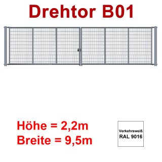 Zweiflügeliges Industrie Stahl-Drehtor B01, Verkehrsweiss RAL 9016 , ohne Antrieb, bis 2200mm Flügelhöhe, bis 9500mm Breite zwischen den Pfosten, Torfüllung Stabgitter