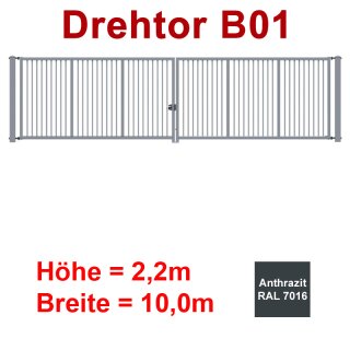 Zweiflügeliges Industrie Stahl-Drehtor B01, Anthrazit RAL 7016 , ohne Antrieb, bis 2200mm Flügelhöhe, bis 10000mm Breite zwischen den Pfosten, Torfüllung 25x25mm