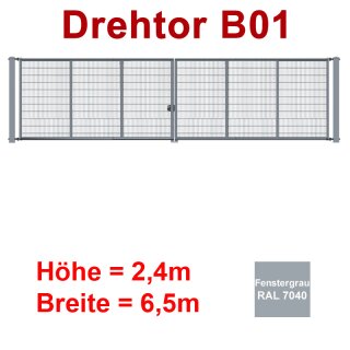 Zweiflügeliges Industrie Stahl-Drehtor B01, Fenstergrau RAL 7040 , ohne Antrieb, bis 2400mm Flügelhöhe, bis 6500mm Breite zwischen den Pfosten, Torfüllung Stabgitter