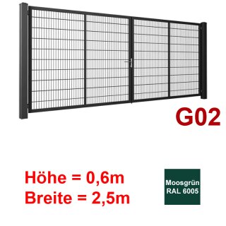 Zweiflügeliges Industrie Stahl-Drehtor G02,  Moosgrün RAL 6005 , ohne Antrieb,  Stabgitter,  600mm Höhe,  2500mm Breite zwischen den Pfosten,